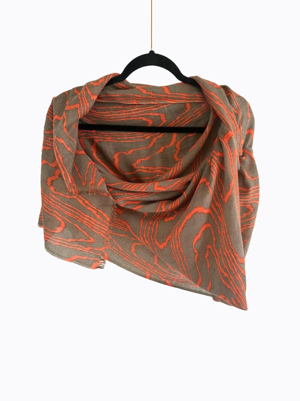 Kelly Wearstler Wool Silk Scarf Taupe Burnt Orange Abstract Graphic Fringe Wrap
